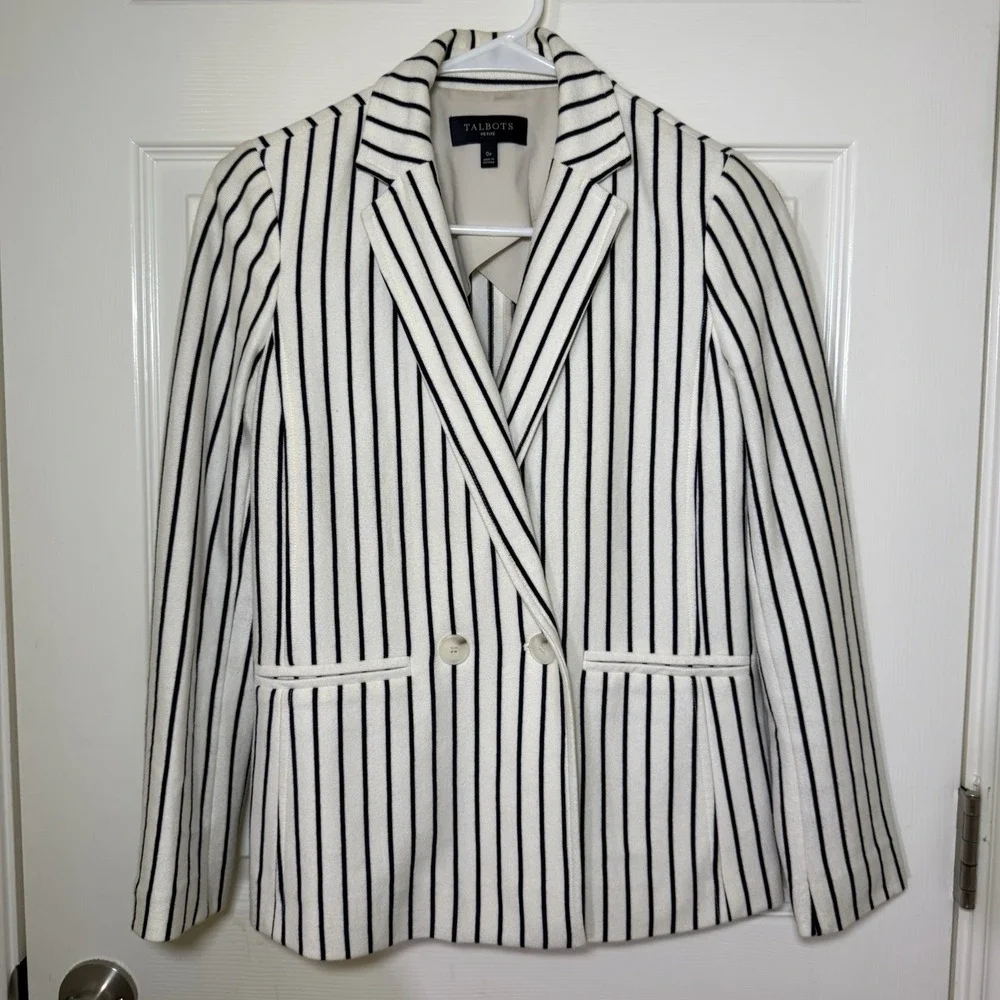 Talbots OP White‎ Black Striped Cotton Knit Jacket Long Sleeve Buttons